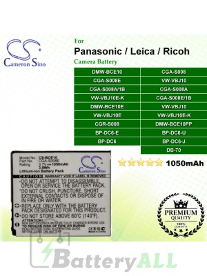 CS-BCE10 For Panasonic Camera Battery Model CGA-S008 / CGA-S008A / CGA-S008A/1B / CGA-S008E / CGA-S008E/1B / DMW-BCE10 / DMW-BCE10E / RP-BP70L / VW-VBJ10 / VW-VBJ10E-K