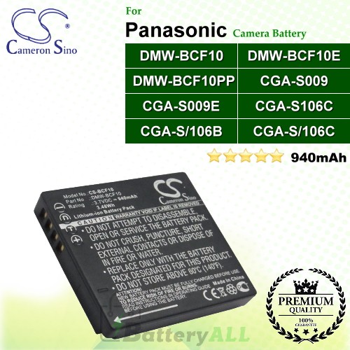 CS-BCF10 For Panasonic Camera Battery Model CGA-S/106B / CGA-S/106C / CGA-S009 / CGA-S009E / CGA-S106C / DMW-BCF10 / DMW-BCF10E / DMW-BCF10PP