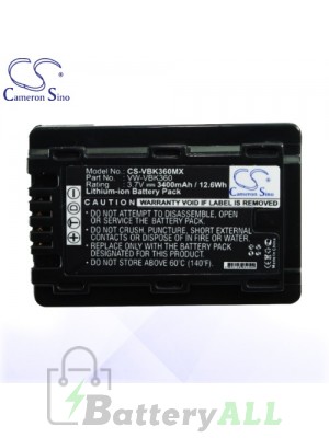 CS Battery for Panasonic HDC-SD60S / HDC-TM55K / HDC-TM60 Battery 3400mah CA-VBK360MX