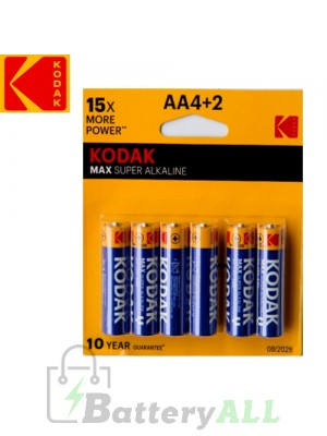 Kodak MAX Alkaline AA / R6P(UM-3) / IMPA 792403 / MN1500 1.5V Battery (4+2 pack)