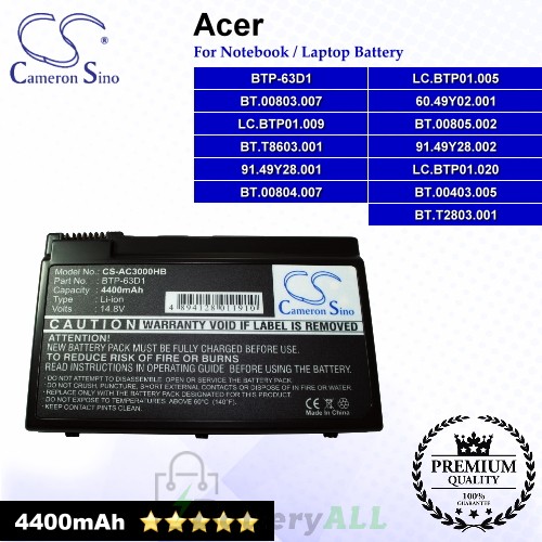 CS-AC3000HB For Acer Laptop Battery Model 60.49Y02.001 / 91.49Y28.001 / 91.49Y28.002 / BT.00403.005