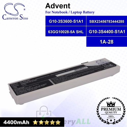 CS-ADG10NT For Advent Laptop Battery Model 1A-28 / 63GG10028-5A SHL / G10-3S3600-S1A1 / SBX23456783444285 (White)