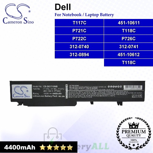 CS-DE1710NB For Dell Laptop Battery Model 312-0740 / 312-0741 / 312-0894 / 451-10611 / 451-10612 / P721C