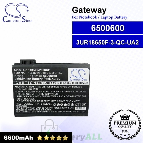CS-GW950NB For Gateway Laptop Battery Model 3UR18650F-3-QC-UA2 / 6500600