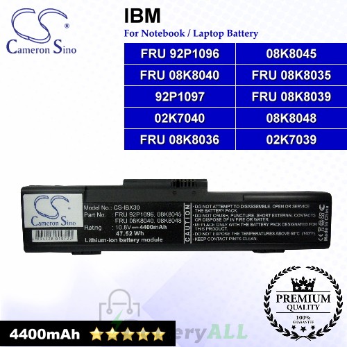 CS-IBX30 For IBM Laptop Battery Model 02K7039 / 02K7040 / 08K8045 / 08K8048 / 92P1097 / FRU 08K8035