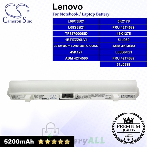 CS-IBS9HB For Lenovo Laptop Battery Model 1BTIZZZ0LV1 / 45K127 / 45K1275 / 45K2178 / 51J039 / 51J0399 (White)