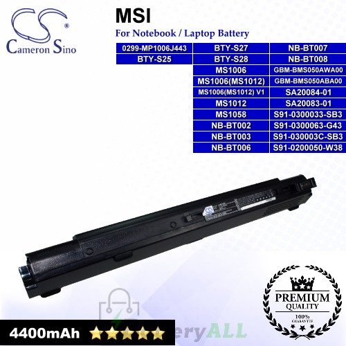 CS-MSX320NB For MSI Laptop Battery Model 0299-MP1006J443 / BTY-S25 / BTY-S27 / BTY-S28 / GBM-BMS050ABA00 (Black)