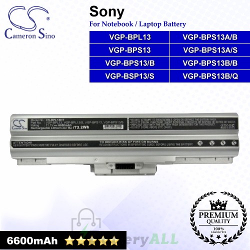 CS-BPL13HT For Sony Laptop Battery Model VGP-BPL13 / VGP-BPS13 / VGP-BPS13/B / VGP-BPS13A/B / VGP-BPS13A/S (Silver)