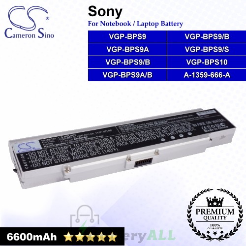CS-BPL9HT For Sony Laptop Battery Model VGP-BPL9 / VGP-BPL9A / VGP-BPL9B (Silver)
