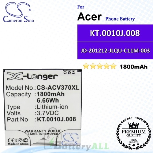 CS-ACV370XL For Acer Phone Battery Model KT.0010J.008 / JD-201212-JLQU-C11M-003