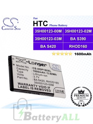 CS-HDP180XL For HTC Phone Battery Model 35H00123-00M / 35H00123-02M / 35H00123-03M / 35H00123-22M / BA S390 / BA S420 / RHOD160