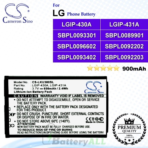 CS-LKU380SL For LG Phone Battery Model LGIP-430A / LGIP-431A / SBPL0083509 / SBPL0089901 / SBPL0092202 / SBPL0092203 / SBPL0093301 / SBPL0093402 / SBPL0096602