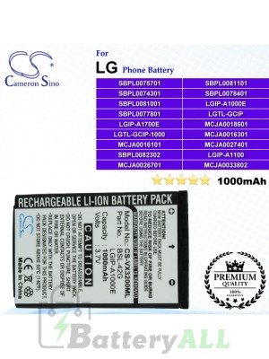 CS-VX3200ML For LG Phone Battery Model LGIP-A1000E / LGIP-A1100 / LGIP-A1700E / LGTL-GCIP / LGTL-GCIP-1000 / MCJA0016101 / MCJA0016301 / MCJA0018601 / MCJA0026701 / MCJA0027401 / MCJA0033802 / SBPL0074301 / SBPL0075701 / SBPL0077801 / SBPL0078401 / SBPL00