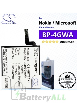 CS-NK720XL For Nokia / Microsoft Phone Battery Model BP-4GWA