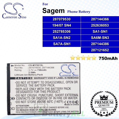 CS-MY501SL For Sagem Phone Battery Model 194/07 SN4 / 252636053 / 252785306 / 287079530 / 287144366 / 287144386 / SA1A-SN2 / SA1-SN1 / SA6M-SN3 / SA7A-SN1