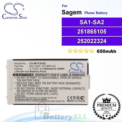 CS-MYC42SL For Sagem Phone Battery Model 251865105 / 252022324 / 287082983 / SA1-SA2