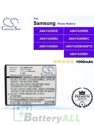 CS-SMG810SL For Samsung Phone Battery Model AB474350BA / AB474350BABSTD / AB474350BC / AB474350BE / AB474350BEC / AB474350BK / AB474350BKCMP3 / AB474350BU / AB474350DE / AB474350DU / AB475350CE