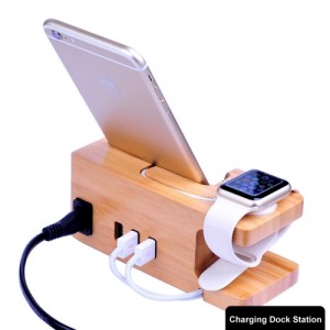 Multi-function Carbonized Bamboo 3 USB Ports Charging Dock Holders Stand Cradle Bracket SAS2421A